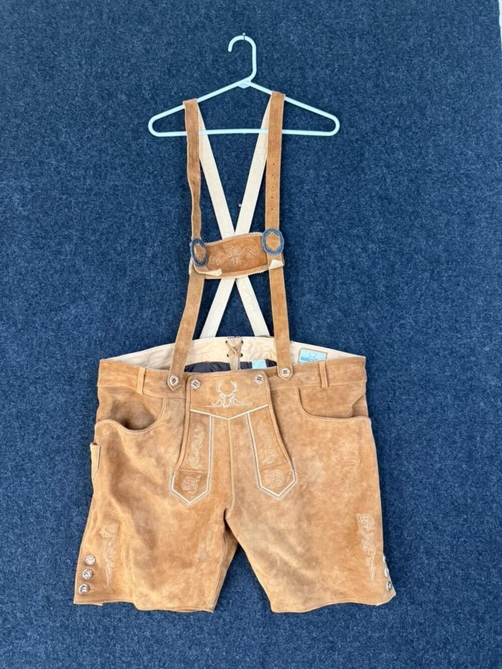 Bavaria Trachten Lederhosen Men US 44 Brown Leather Shorts Suspenders German